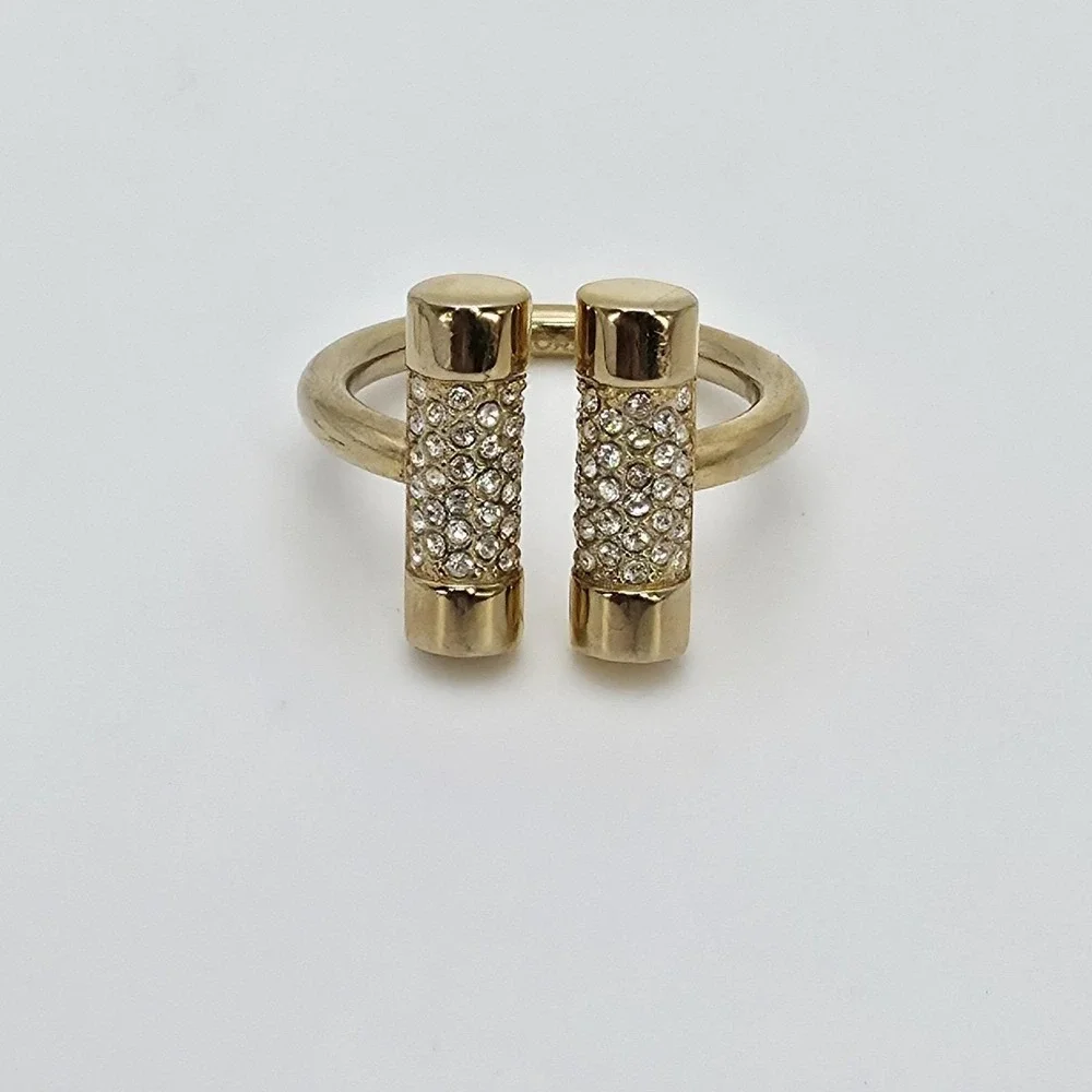 MICHAEL KORS Open Cuff Ring Pave Crystals Barrel Shape Gold Tone Size 7 Signed - Picture 3 of 11